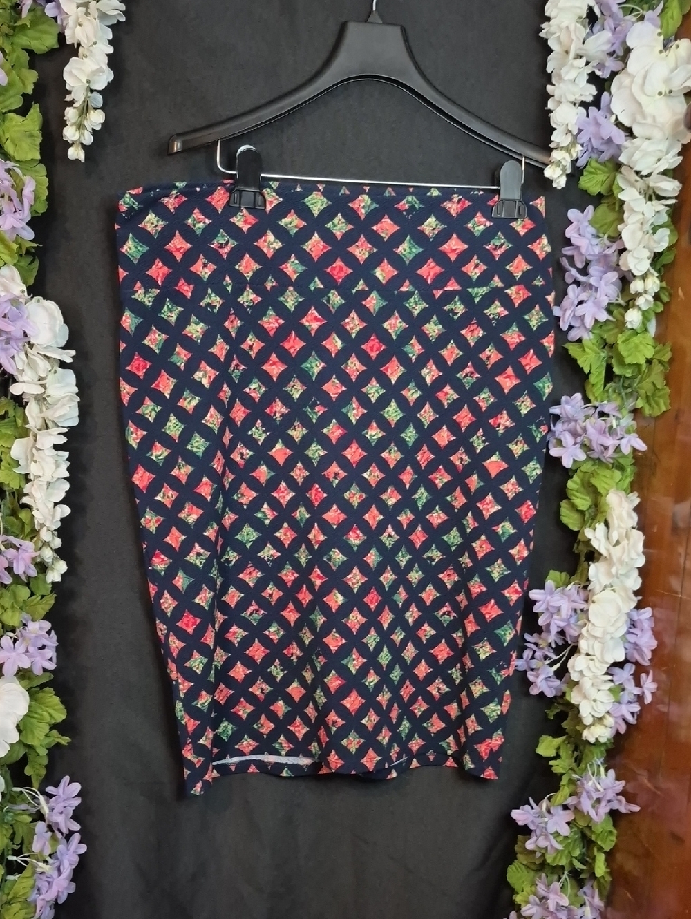 LuLaRoe Navy Pencil Skirt with Pink and Green Diamond Floral Print